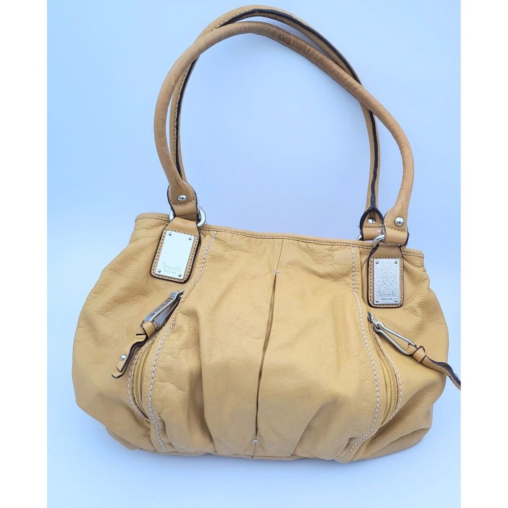 Tignanello Yellow Leather Shoulder Purse Double Handles Middle Divider Multi Zip